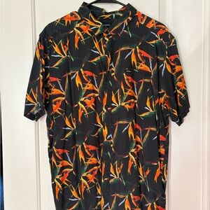 RVCA Men's Black Shirt with Orange and Green Leaf Print
